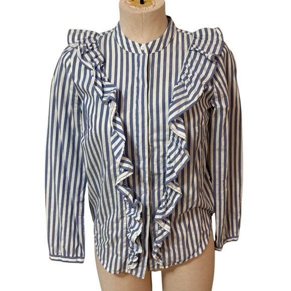 MADEWELL Whitney Ruffle Front Striped Blouse Button Down Shirt Blue White Stripy - Picture 2 of 8